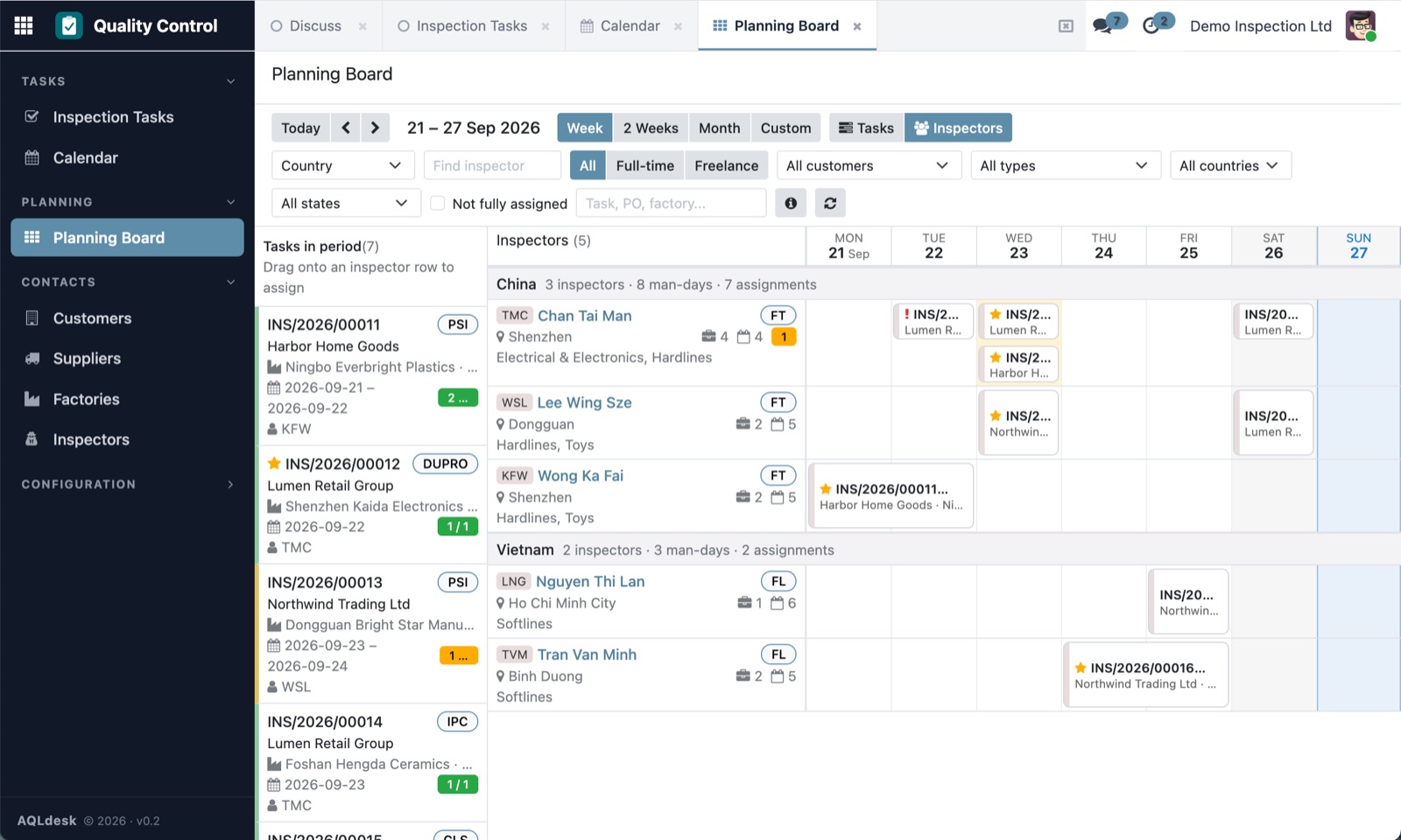 Planning board by inspector: a week of assignments, grouped by country, with unassigned jobs in the side panel