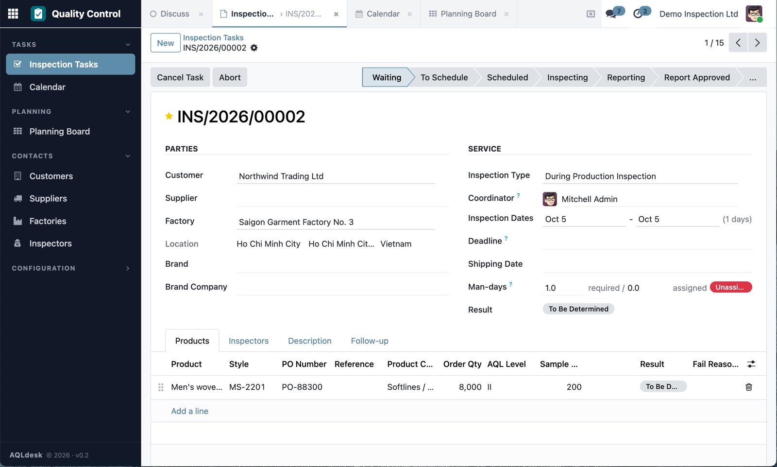 Inspection job form with product lines, PO number, order quantity, AQL level and sample size